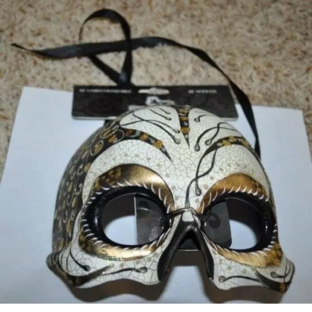 Masquerade Mask Halloween Mardi Gras White & Copper Half Cat Eye Ceramic Party